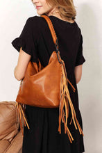 Load image into Gallery viewer, Fringe Detailed PU Leather Shoulder Bag (Caramel/Mist Green)