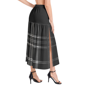 Yahuah-Tree of Life 02-04 + Digital Plaid 01-06A Designer Elastic Waist Ruffle Slit Hem Flare  Maxi Skirt