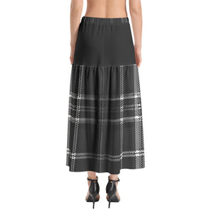 Yahuah-Tree of Life 02-04 + Digital Plaid 01-06A Designer Elastic Waist Ruffle Slit Hem Flare  Maxi Skirt