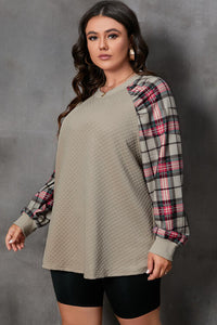Khaki Color Plaid Round Neck Plus Size Sweatshirt