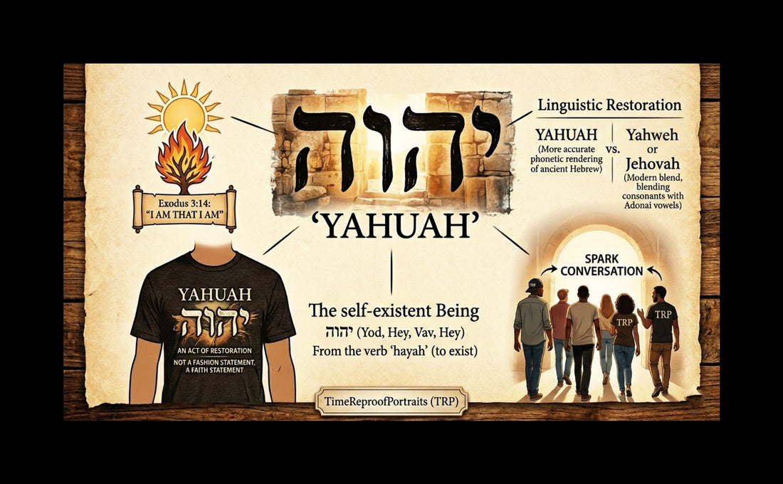 An infographic for "YAHUAH," explaining the Hebrew Tetragrammaton as "The self-existent Being." Includes religious imagery and people wearing TRP apparel.