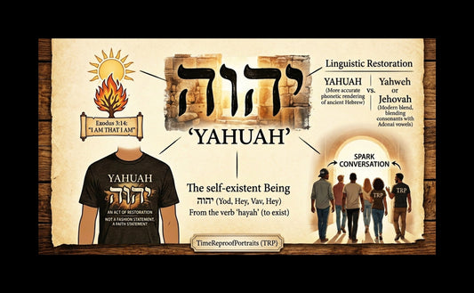 An infographic for "YAHUAH," explaining the Hebrew Tetragrammaton as "The self-existent Being." Includes religious imagery and people wearing TRP apparel.