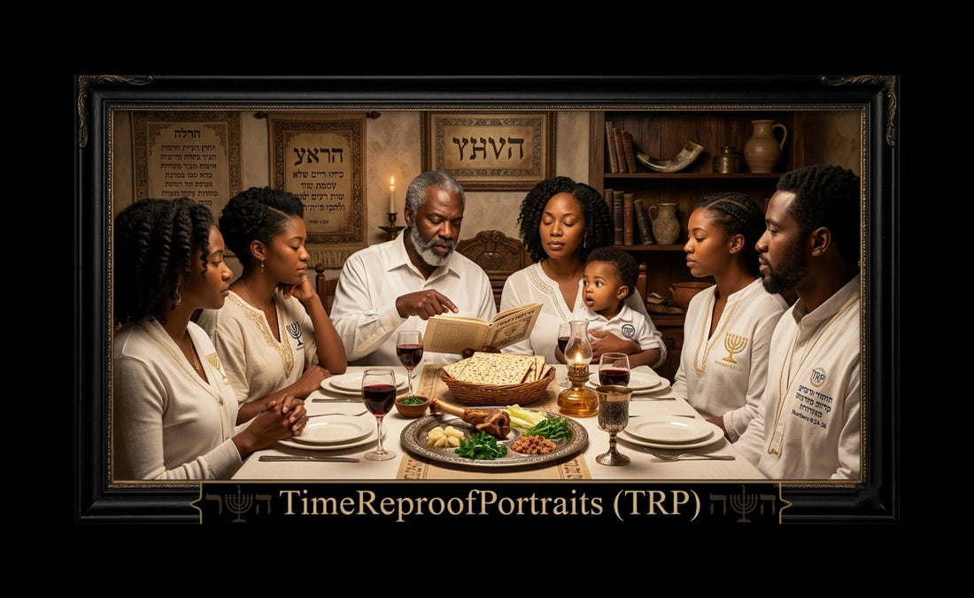 A framed photograph of a Black family celebrating Passover Seder at a candlelit table, with traditional food and Hebrew decorations.