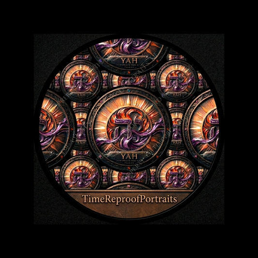 Circular pattern of bronze and amethyst 'Yah' seals with the TimeReproofPortraits brand name at the bottom, framed by a thick black border.
