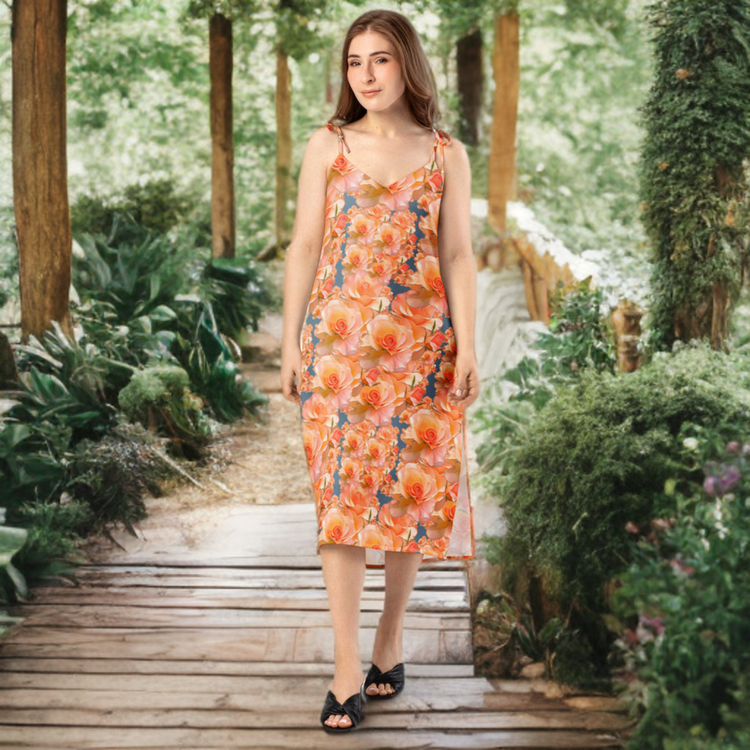 Woman wearing a peach rose print midi slip dress and black sandals walking along a rustic wooden garden path surrounded by lush greenery.