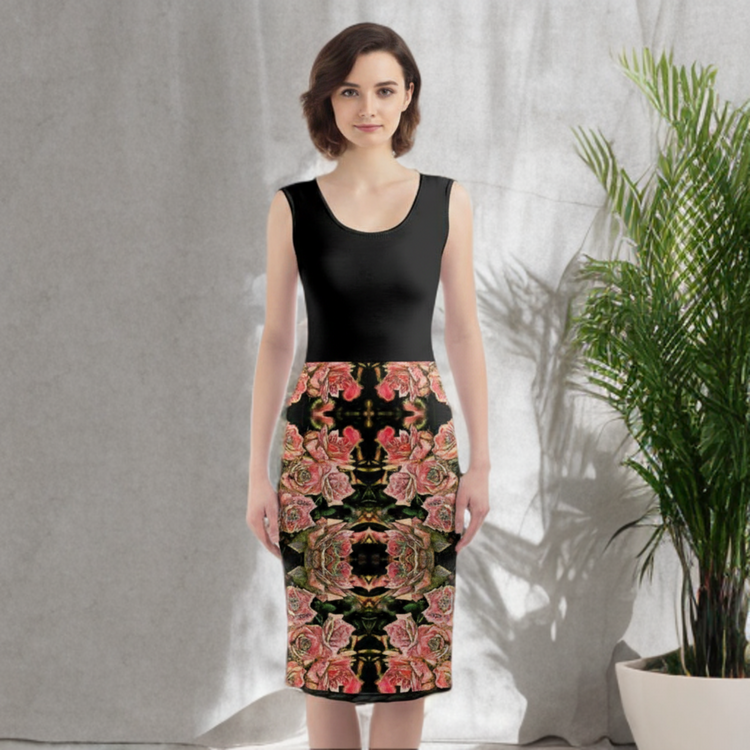 A medium shot of a woman with short brown hair wearing a sleeveless dress. The top of the dress is solid black, while the skirt features a vibrant, symmetrical floral pattern with pink roses and green leaves on a dark background.