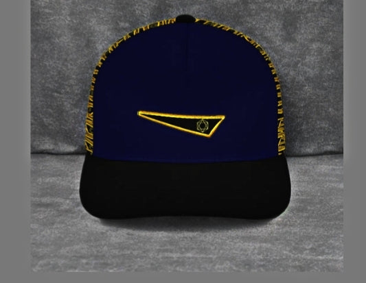Navy baseball cap with a black brim. Features a gold triangular logo with a geometric icon and gold runic-style lettering on the side panels. Gray background.