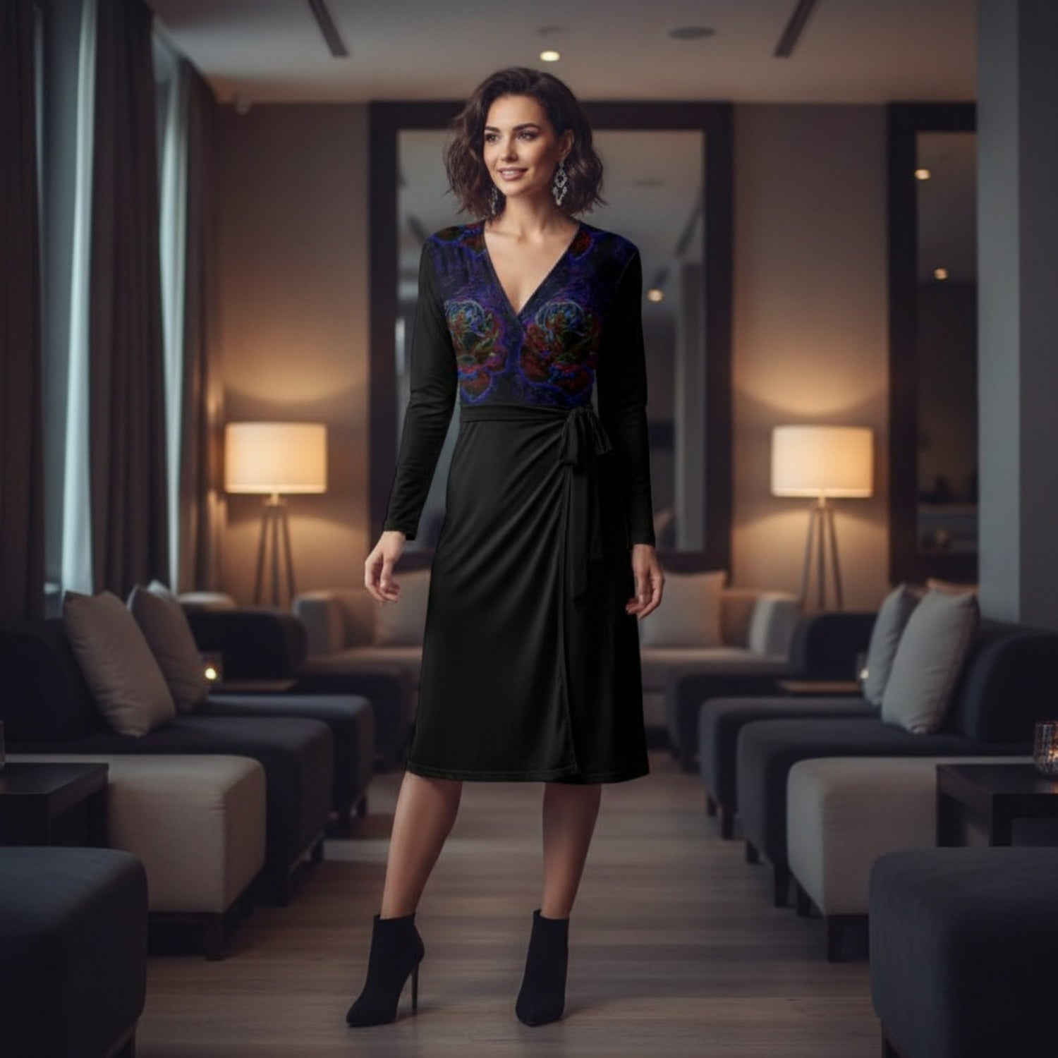 A Woman with shoulder-length wavy brown hair stands in the center of a dimly lit, modern lounge. She is wearing a black, long-sleeved wrap dress that falls to her knees, featuring a vibrant, multicolored floral pattern on the chest.