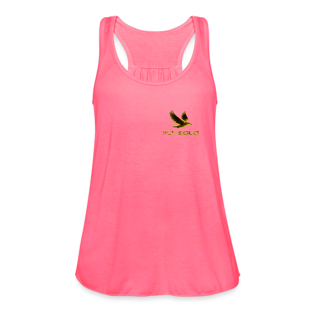A bright neon pink women’s racerback tank top featuring a small gold "FLY SOLO" logo on the left chest. The logo includes an image of a bird in flight above the text. The shirt has a relaxed fit with gathered fabric detailing at the neckline.
