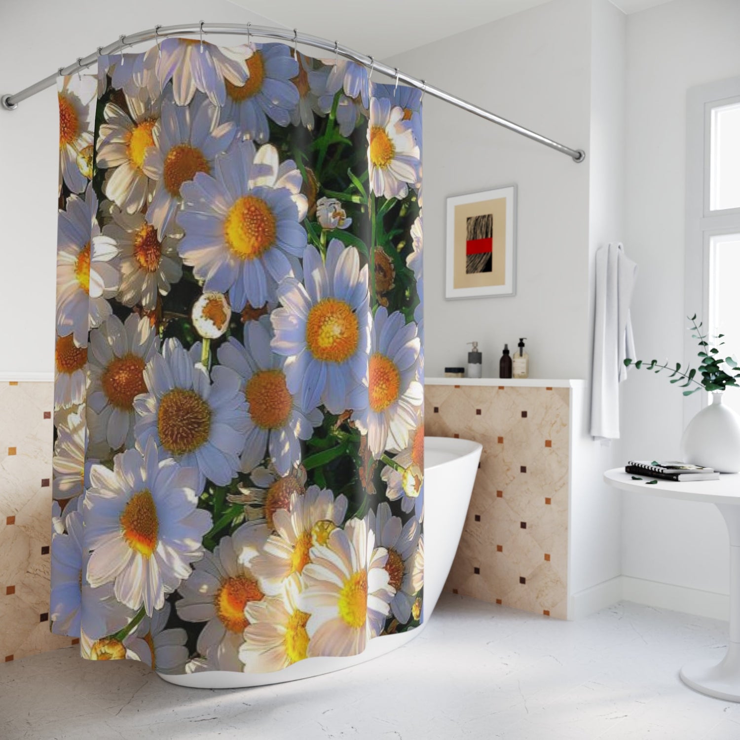 A premium TimeReproofPortraits shower curtain featuring a high-definition, "Sun-Kissed Meadow" daisy floral print in a modern white bathroom. The design shows a dense cluster of white and yellow daisies under warm, golden sunlight.