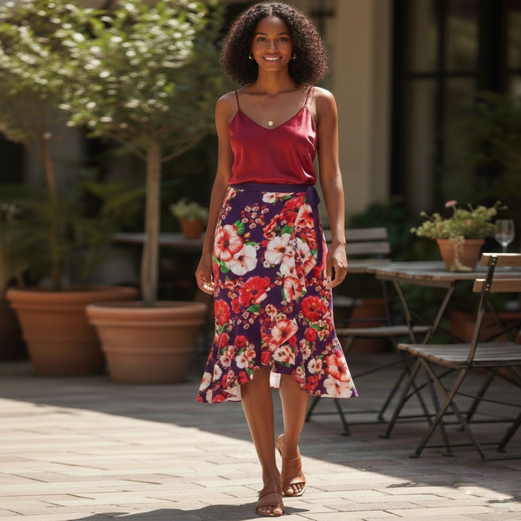 Model wearing a two-piece tropical print matching set with floral designs in deep royal purple, coral, pink and ivory colors.