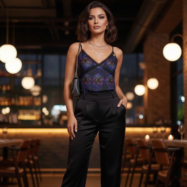 A woman in an elegant boutique restaurant wearing a black lace-trim camisole featuring a repeating "Nocturnal Sanctuary" neon rose pattern and black satin trousers.