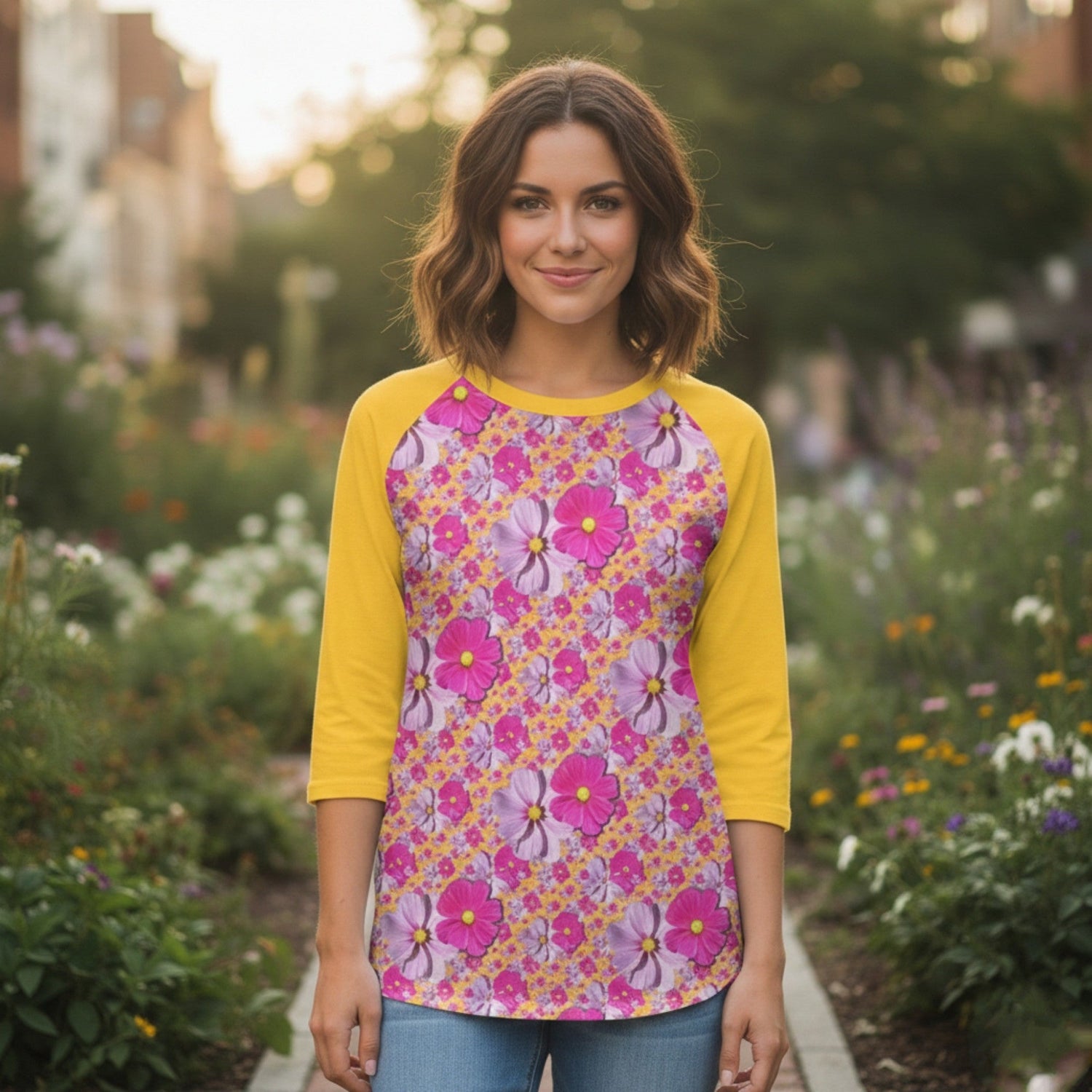 A smiling woman wears a yellow and pink floral baseball tee while standing on a garden path.
