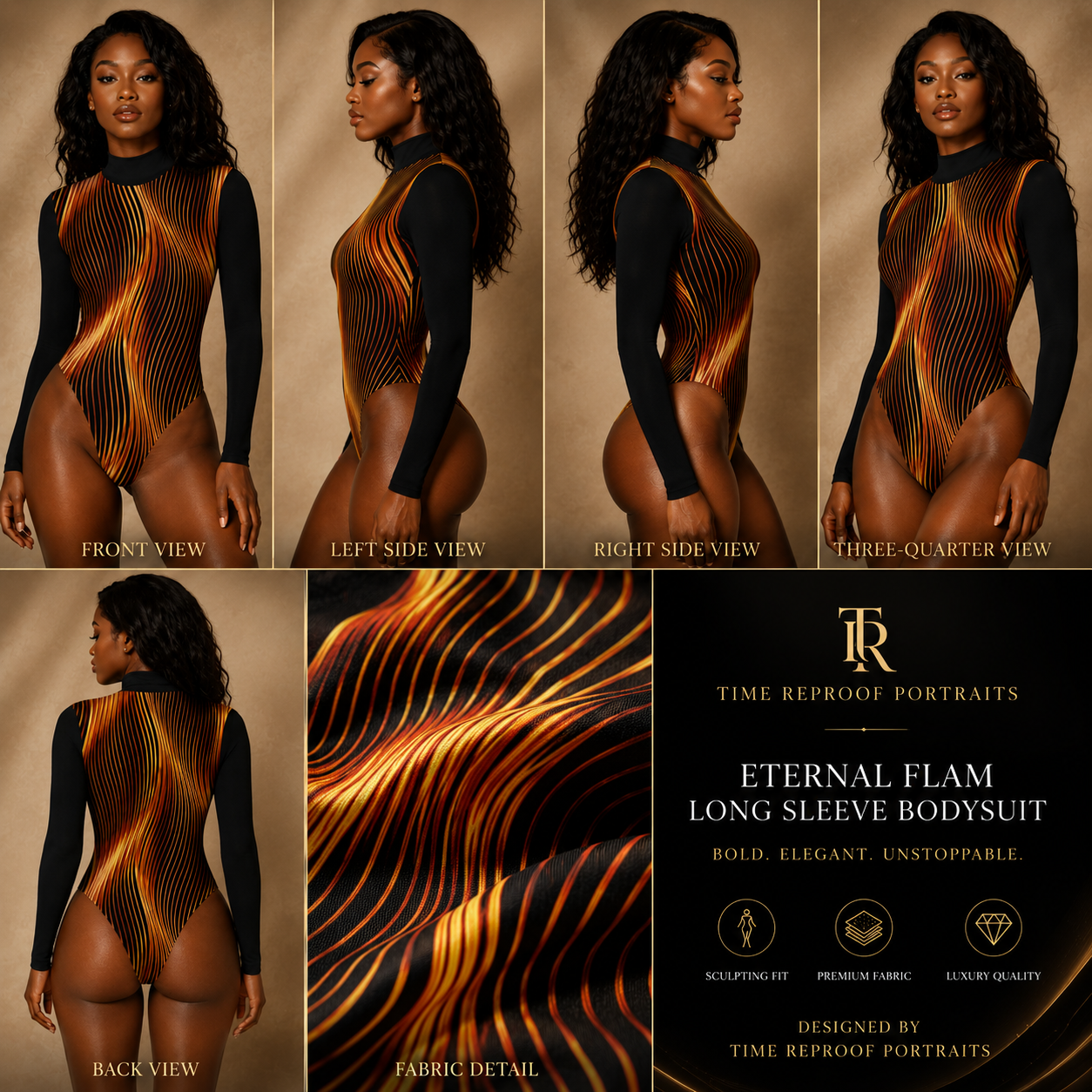 Product showcase for Eternal Flam Long Sleeve Bodysuit by Time Reproof Portraits, featuring multiple model views and a fabric detail closeup."