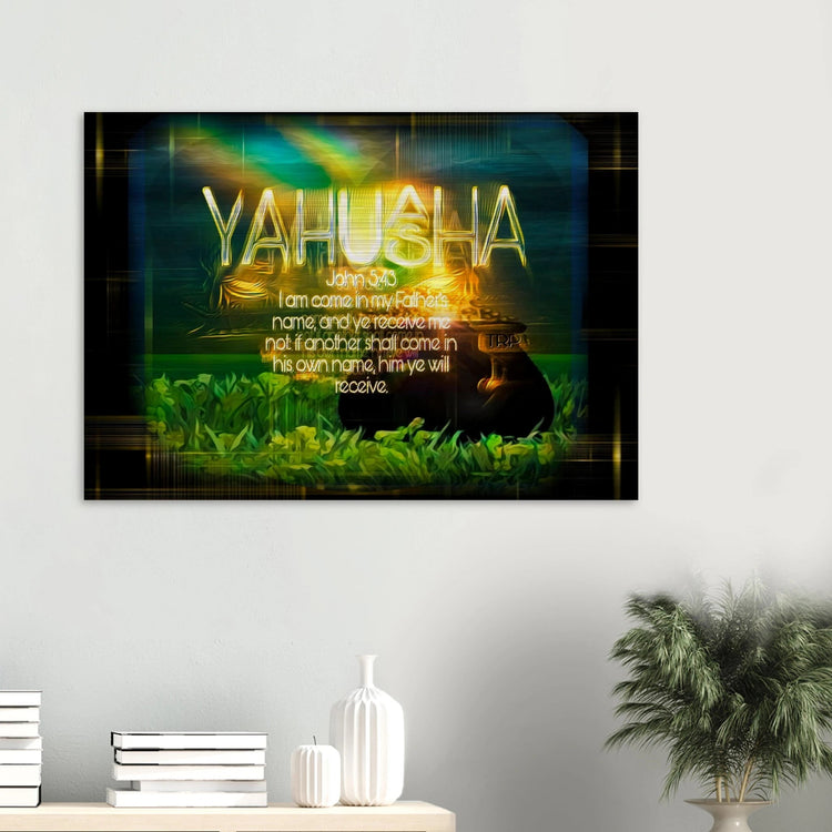 Vibrant digital art titled "YAHUAH YAHUSHA" with John 5:43 text over a glowing landscape, featuring the TRP logo and set in a modern room.