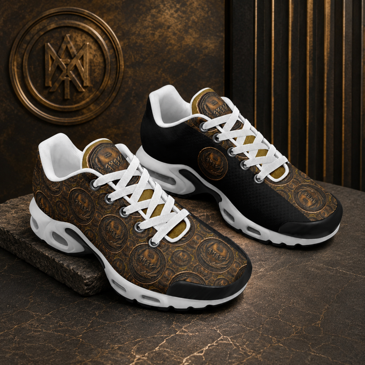 A pair of custom sneakers featuring a metallic bronze coin pattern and white laces, set against a dark textured background with a matching emblem.
