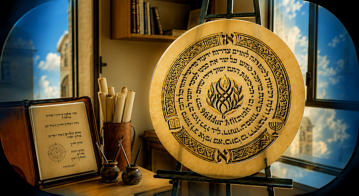 A large, circular gold plaque with Hebrew text and a central flame icon sits on an easel in a study overlooking a bright city skyline.
