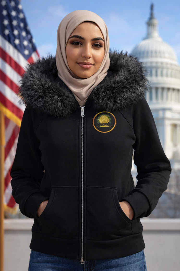 A woman in a hijab and fur-trimmed jacket stands before the U.S. Capitol and flag. A gold circular logo with a tree is on her jacket.