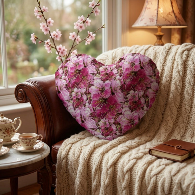 A pink floral heart-shaped pillow rests on a leather armchair draped with a knit blanket, next to a tea set and a window with cherry blossoms.