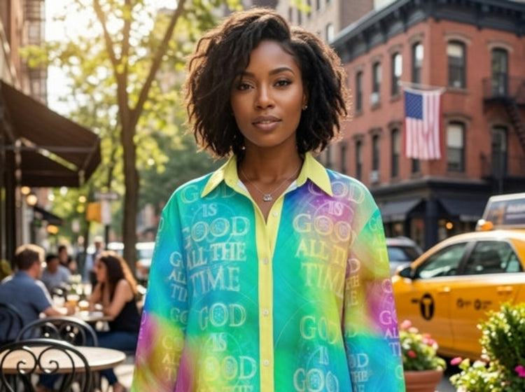 A woman in a vibrant, 'God is Good All The Time' multi-colored plus size button-down shirt.