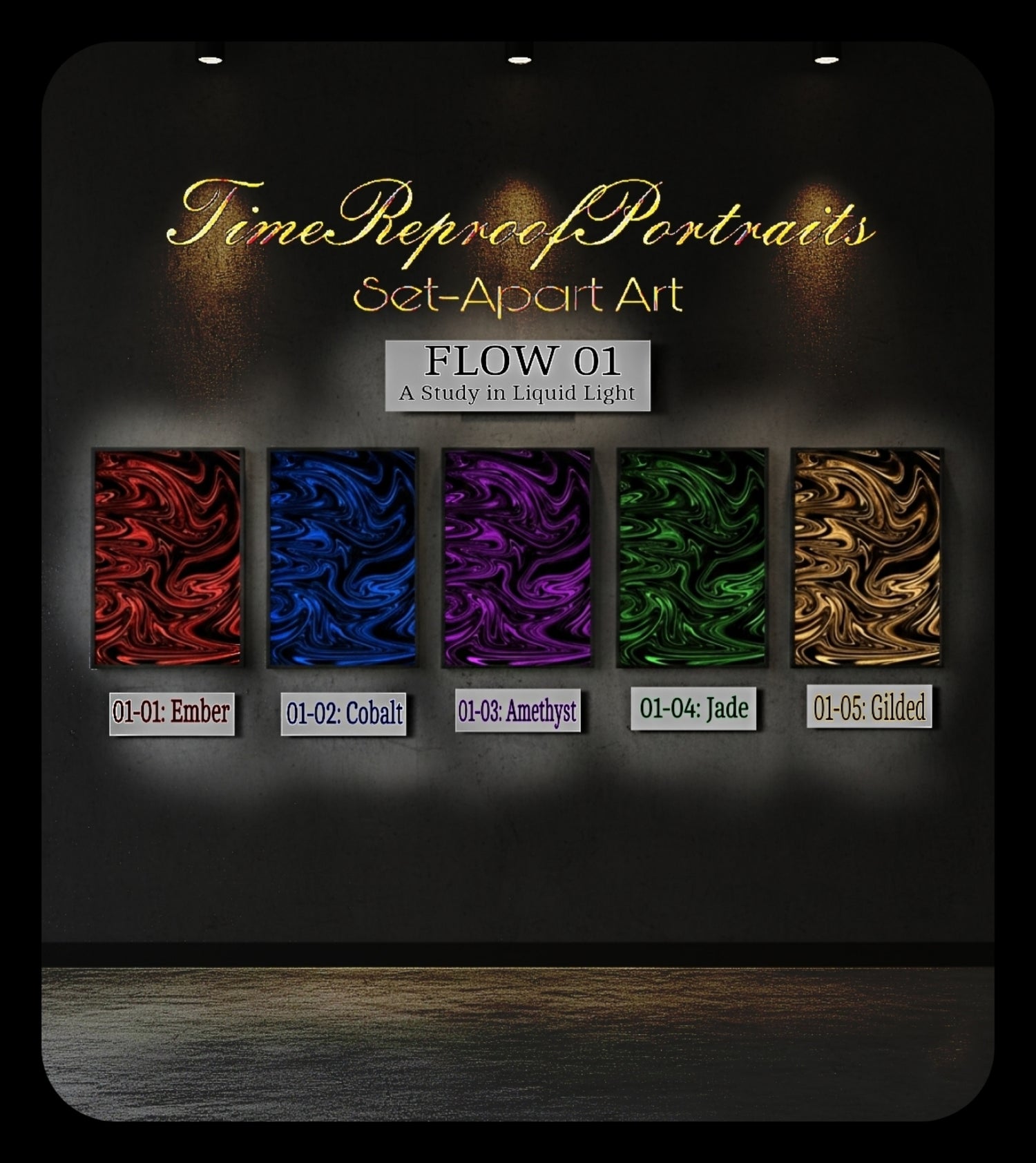 A gallery wall display of five framed abstract art pieces with flowing liquid patterns in red, blue, purple, green, and gold, collectively titled 'Flow 01: A Study in Liquid Light'