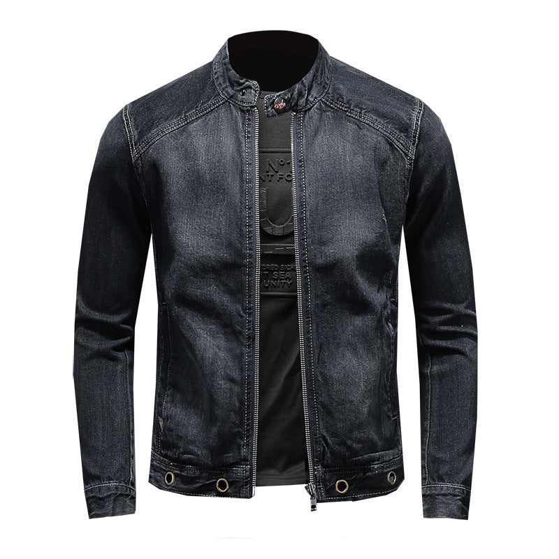 Men's Band Collar Dark Blue Denim Shacket