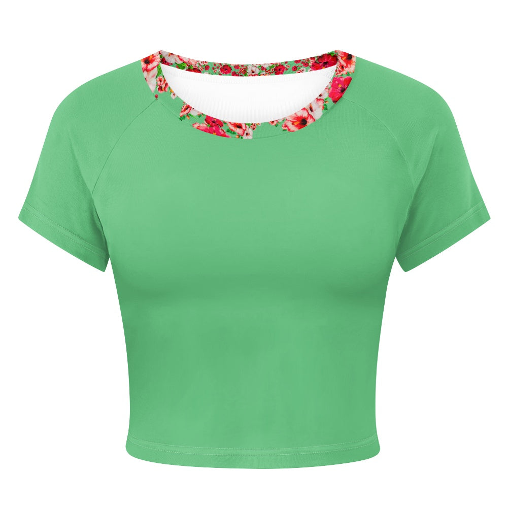 TRP Floral Print 03: Hibiscus Flowers 01-02 Tropical Bloom Fitted Crop Top, EmeraldGreen