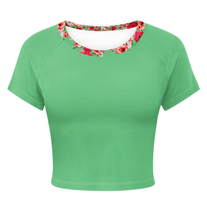 TRP Floral Print 03: Hibiscus Flowers 01-02 Tropical Bloom Fitted Crop Top, EmeraldGreen