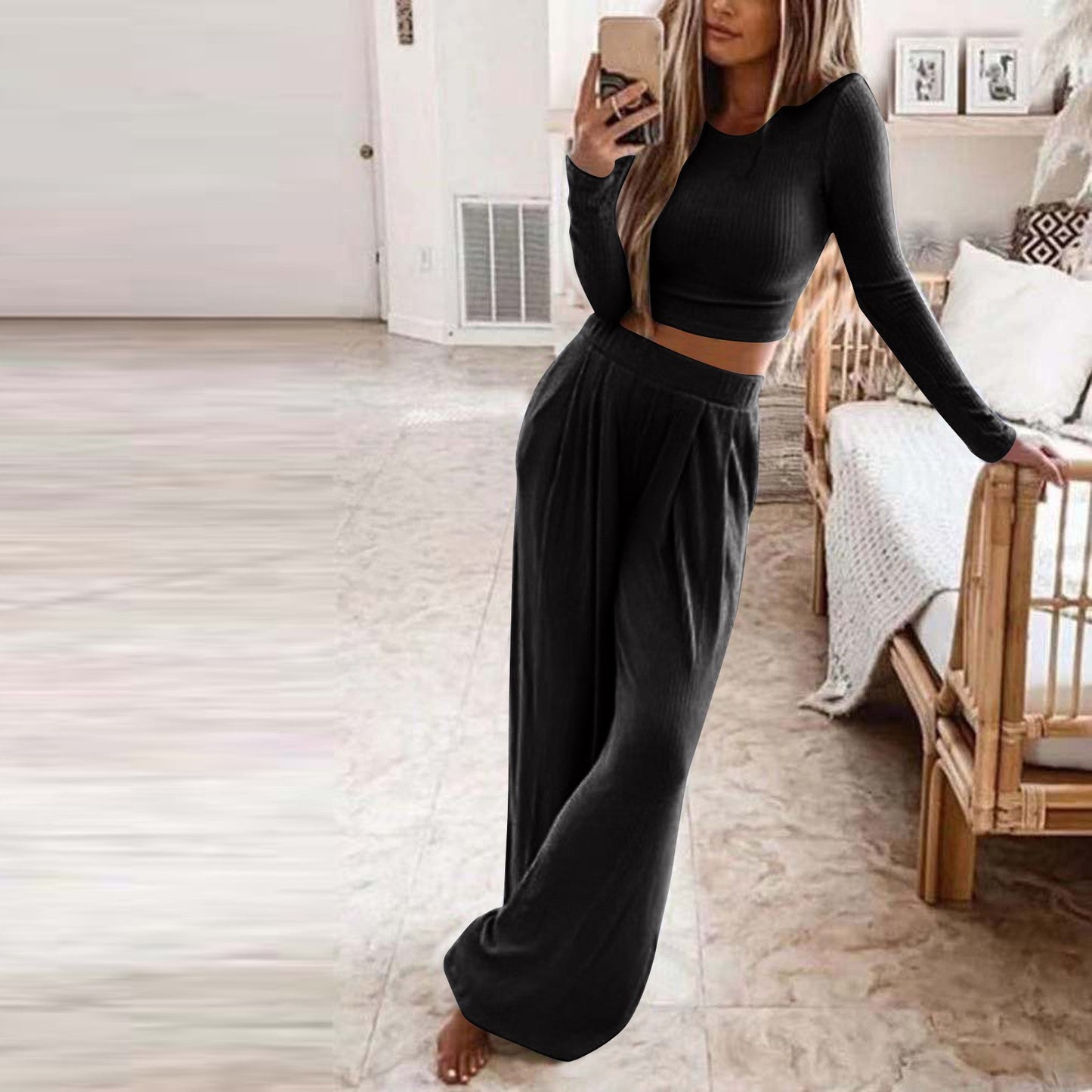 Solid Color Knit Long Sleeve Two Piece Wide Leg Pants Set (6 colors)