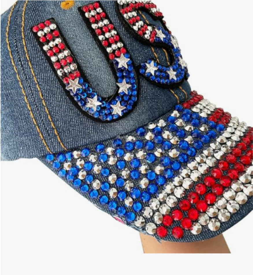 Distressed Denim Rhinestone American Flag Baseball Cap