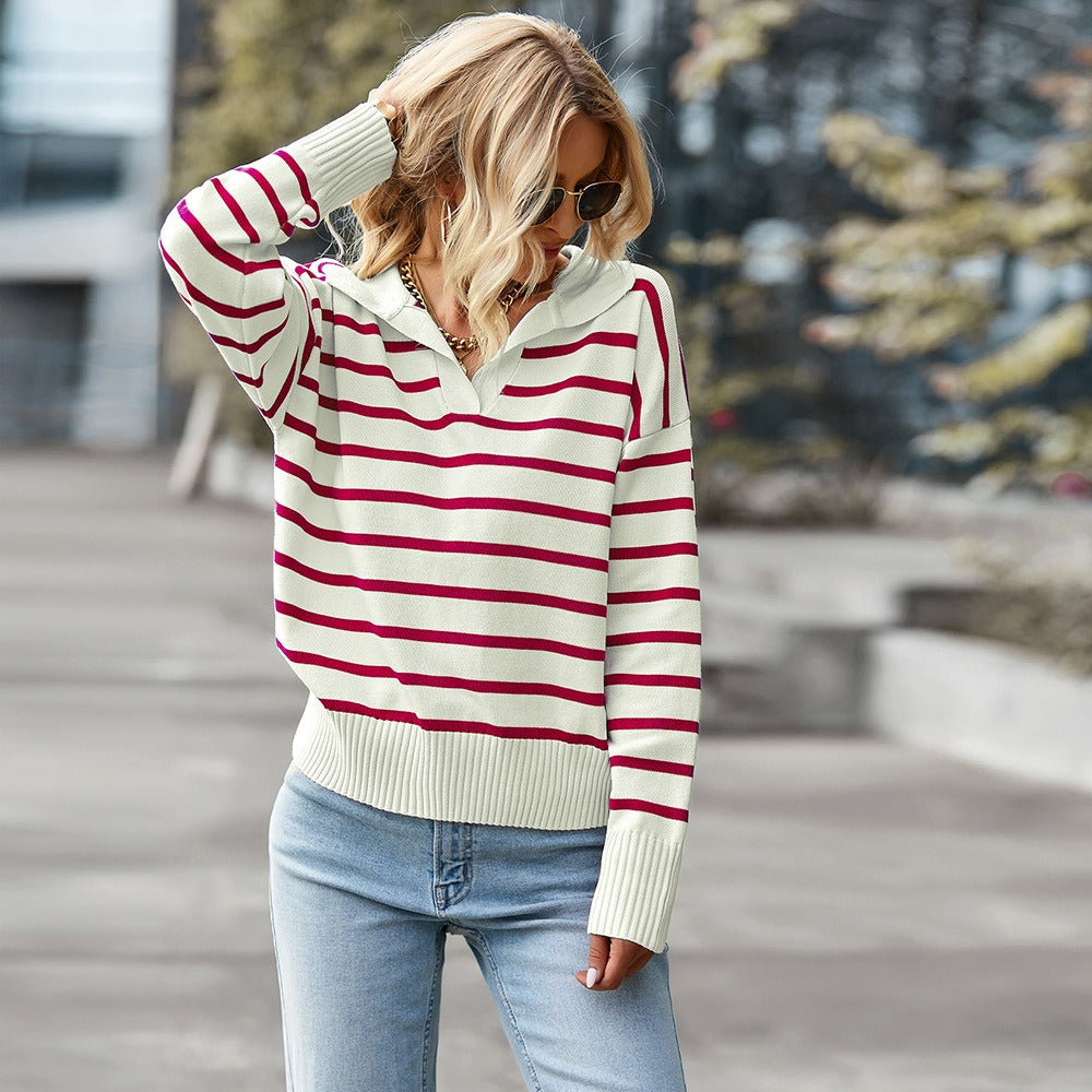 Striped Lapel Collar Sweater (4 colors)