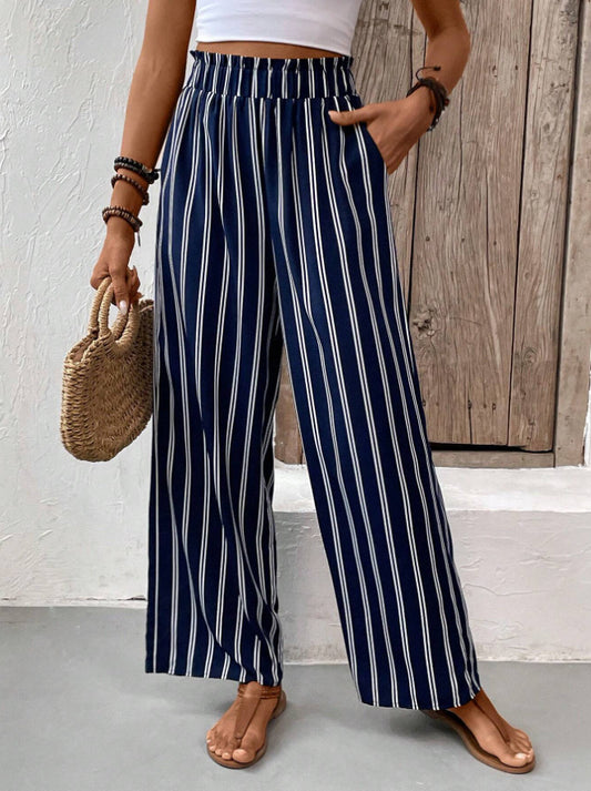 Navy Blue Striped Smocked Waistband Wide Leg Pants