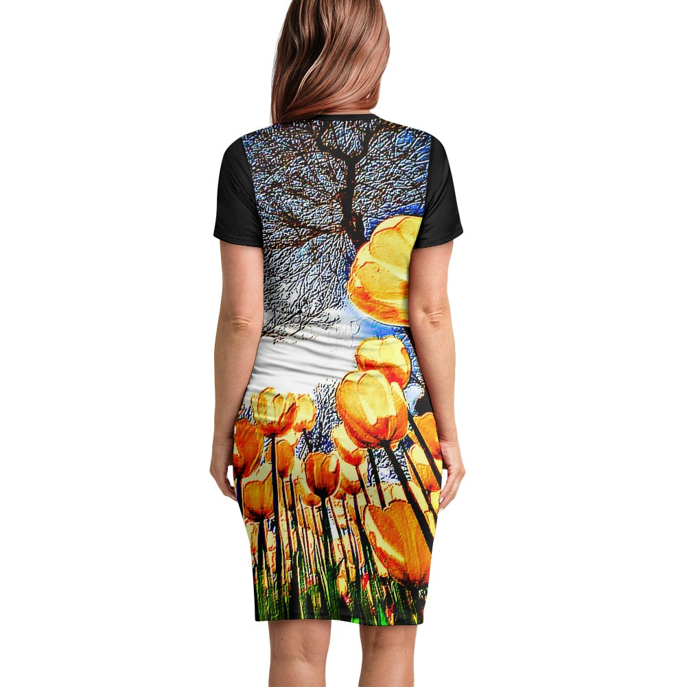 Floral Embosses: Tulip Daydream 01 Designer Maternity Midi T-shirt Dress