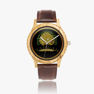 Yahuah-Tree of Life 03-01 Designer Italian Olive Lumber Wooden 45mm Quartz Unisex Watch with Leather Strap (White/Black/Brown Strap)