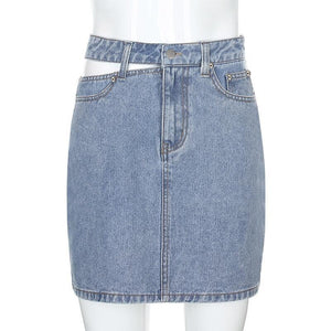 One-side Hollow High Waist Denim Hip Mini Skirt