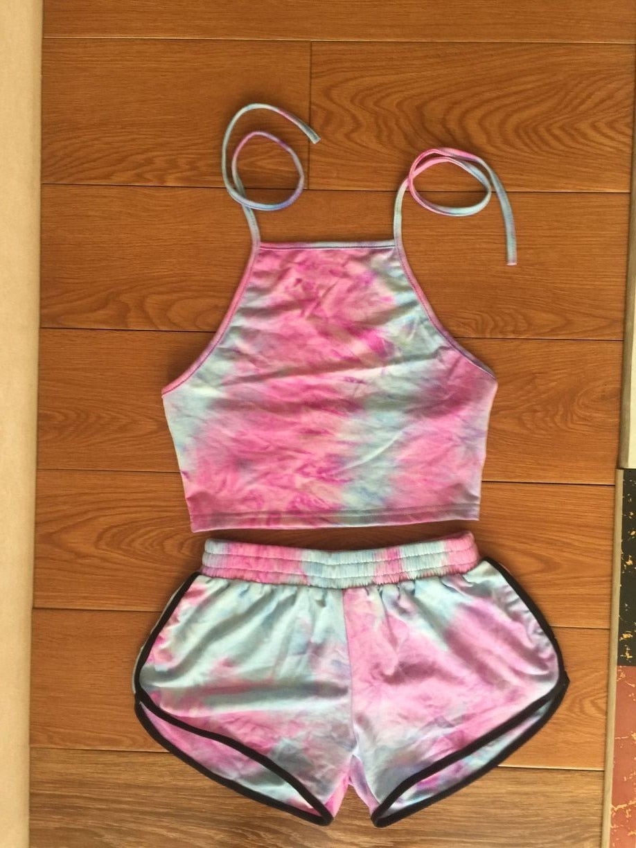 Tie Dye Gradient Halter Crop Top and Shorts Set