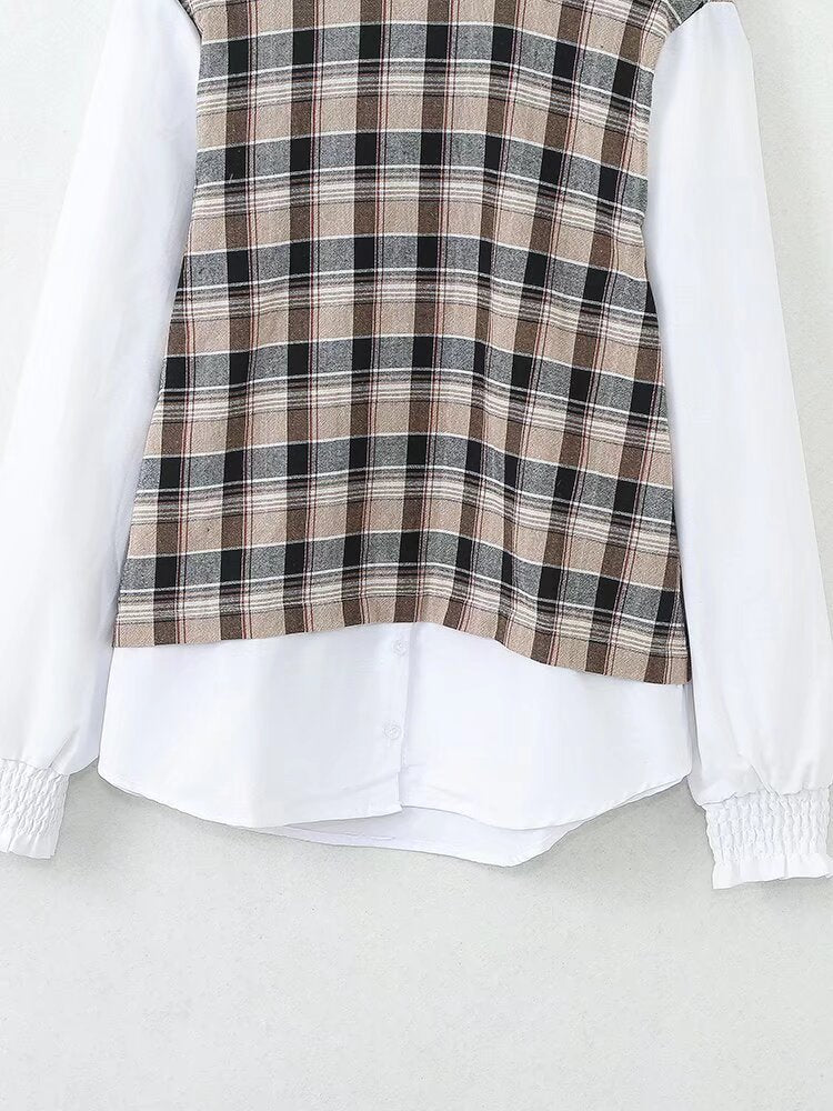 Round Neck Vintage Plaid Print Long Sleeve Blouse