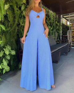 Sleeveless Striped Solid Blue Casual Wide Leg Jumpsuit