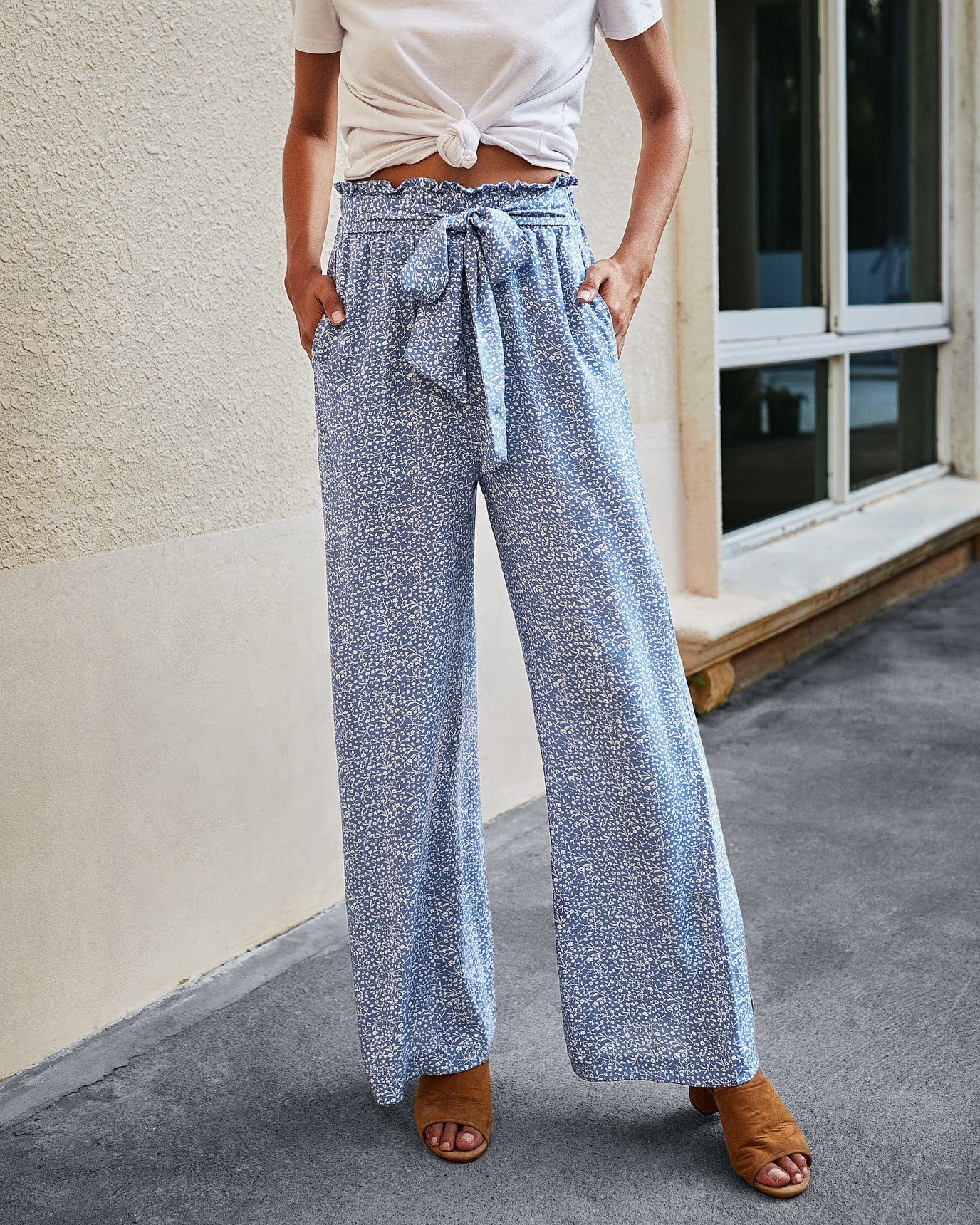 Light Blue Printed Lace Up High Rise Wide Leg Pants