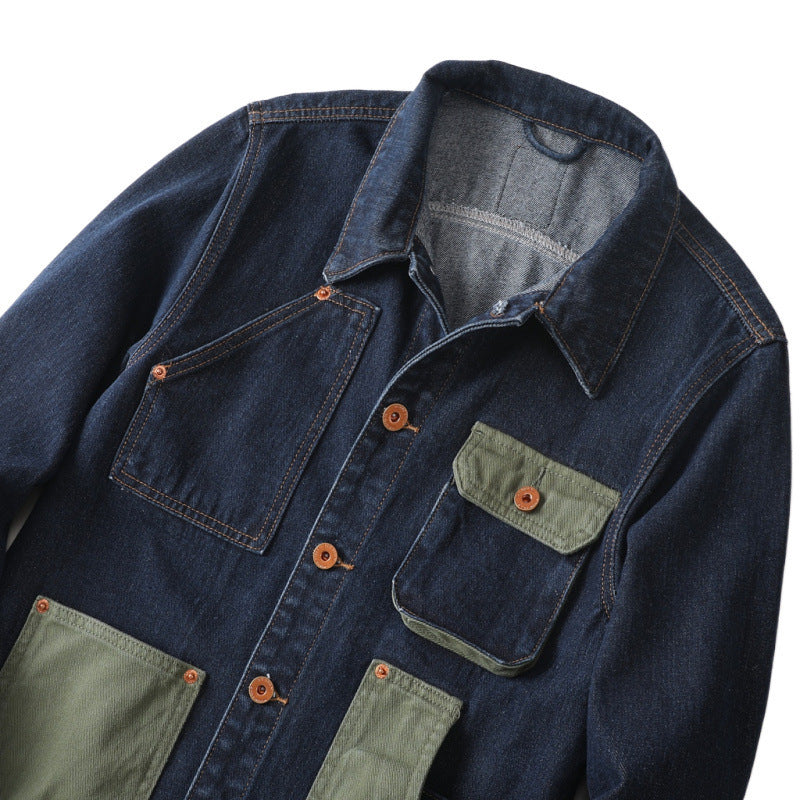 Dark Blue Patchwork Loose Fit Denim Dress Shirt for Men