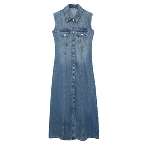 Sleeveless Denim Maxi Shirt Dress