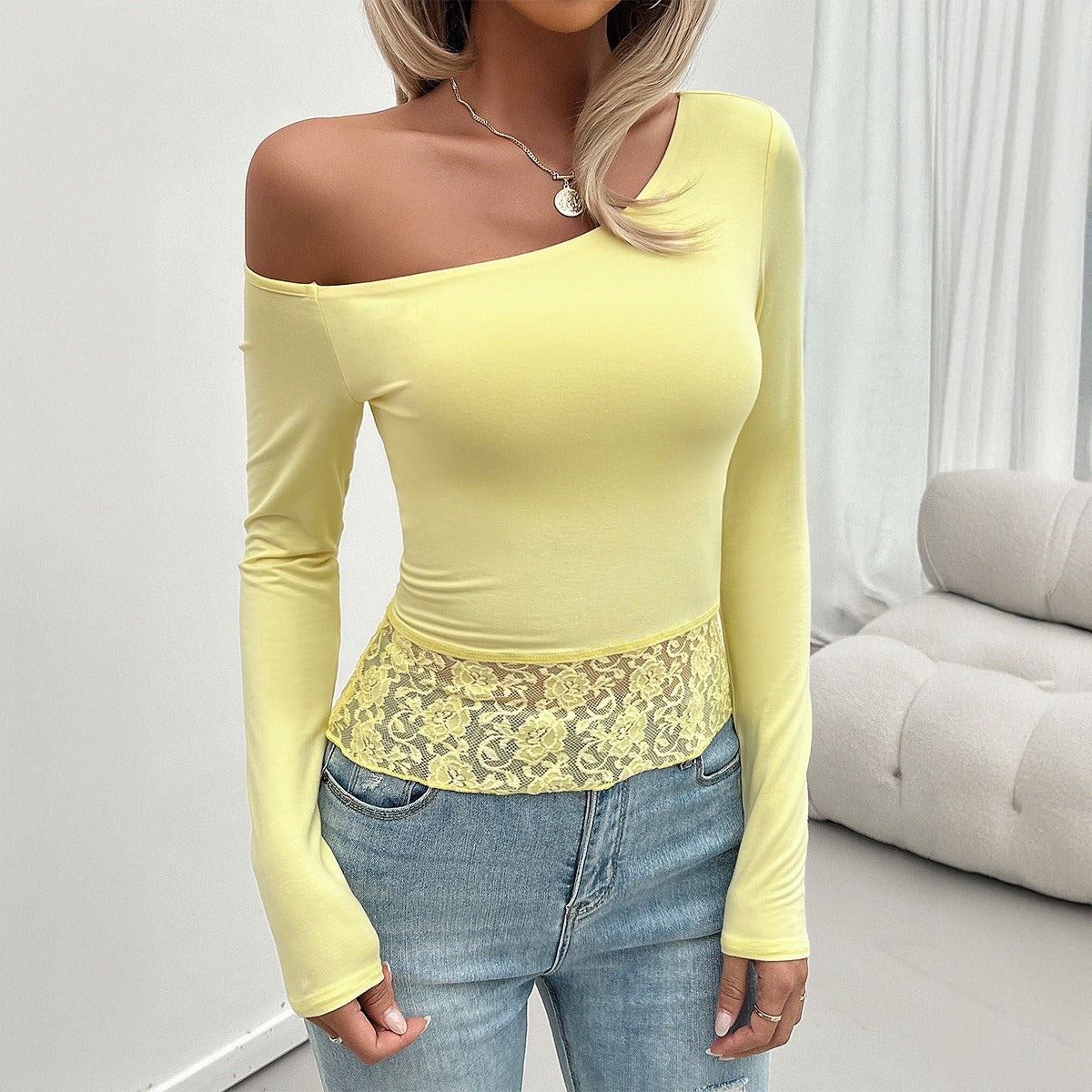 Off Shoulder Slim Fit Long Sleeve T-shirt with Lace Hem (4 colors)