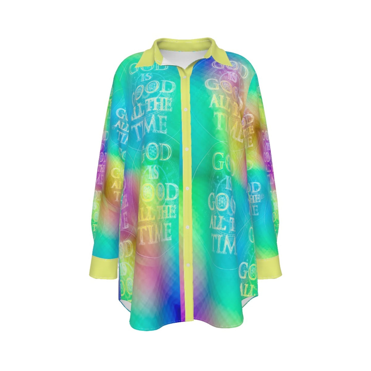 Chroma-Shift Art-to-Wear: God is Good All The Time 01-04 Plus Size Long Sleeve Camp Collar Shirt