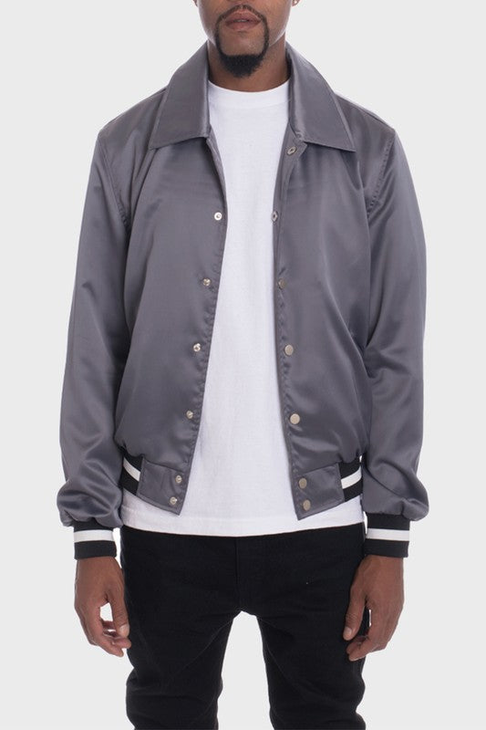 Solid Color Satin Lapel Collar Varsity Jacket (4 colors)