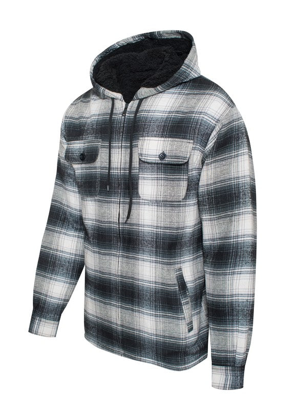 Flannel Sherpa Fleece Lined Full Zip Male Hoodie with Chest Pockets (8 colors)