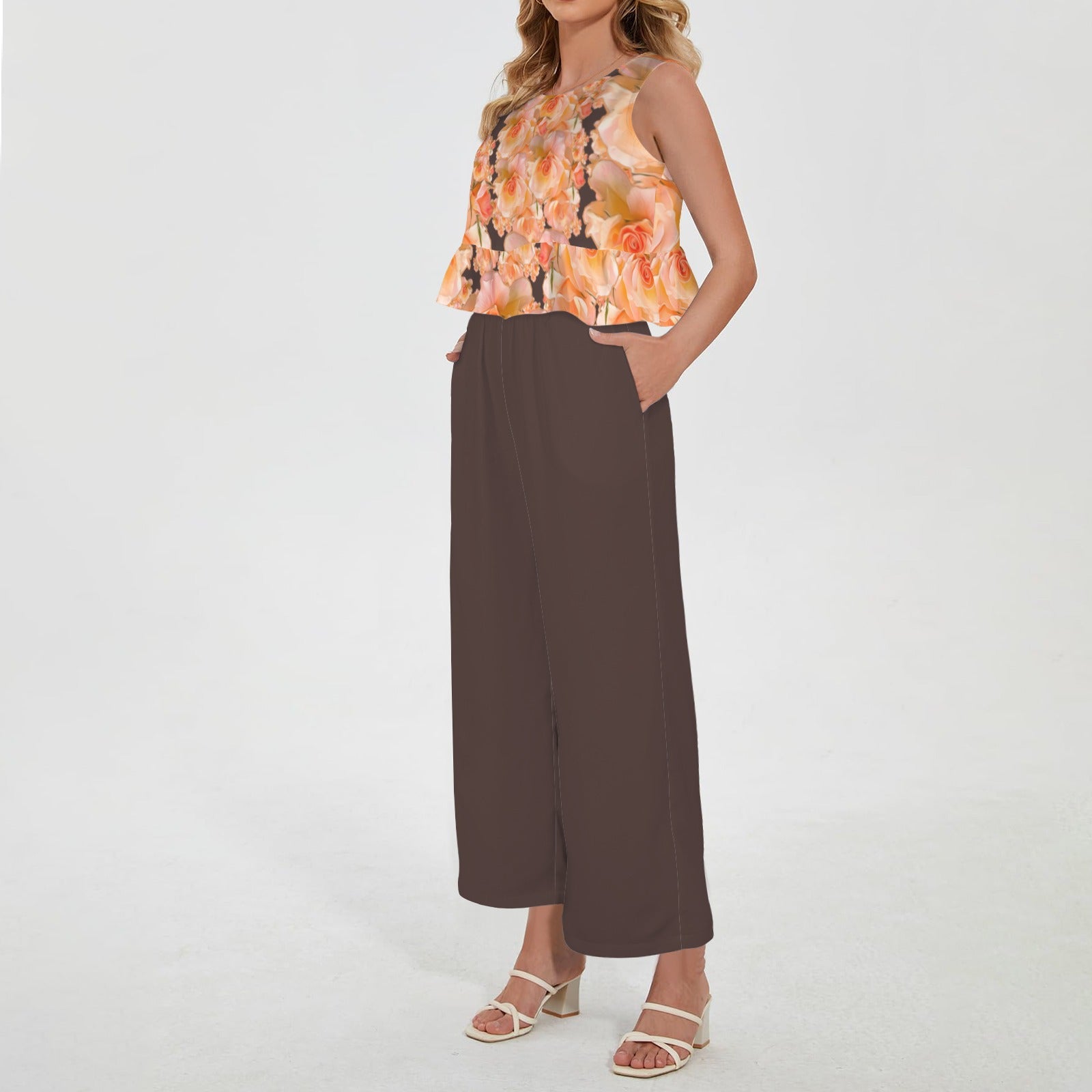 Floral Embosses: Roses 03 -02 "Sunset Rose Elegance" Sleeveless Ruffle Hem Crop Top & Wide Leg Pants Set