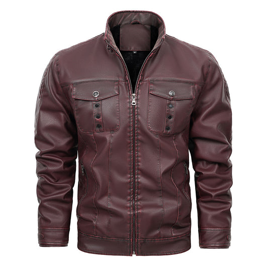 Wine Red Male PU Leather Bomber Jacket