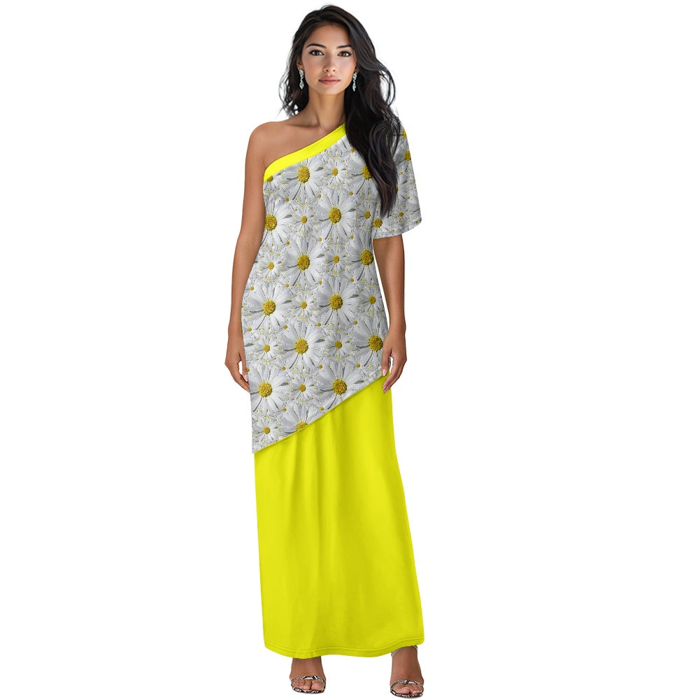 TRP Floral Print 08: English Daisies 01 Designer One-shoulder Two Piece Dress