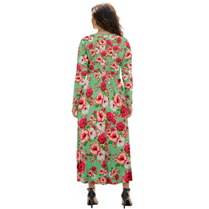 TRP Floral Print 03: Hibiscus Flowers 01-02 Tropical Bloom Long Sleeve Maxi Dress