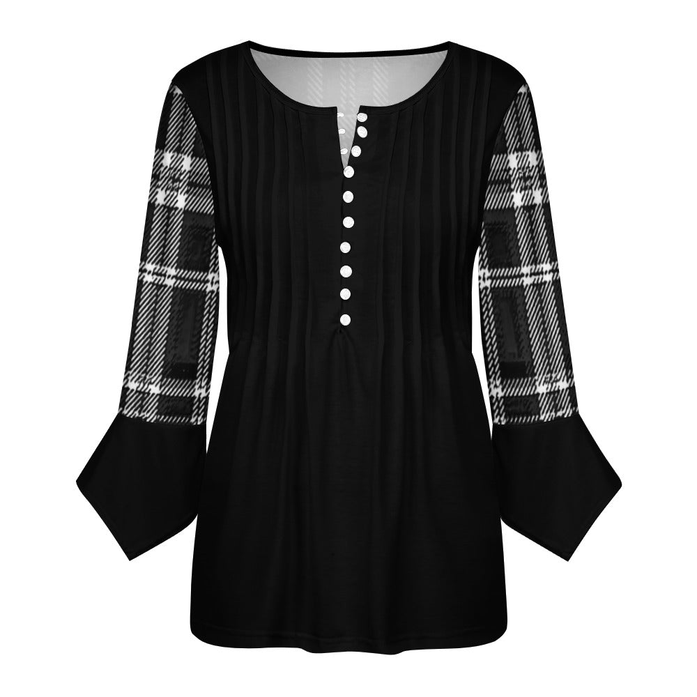 TRP Twisted Patterns 06: Digital Plaid 01-06A Designer Ruffle V-neck 3/4 Petal Sleeve Blouse